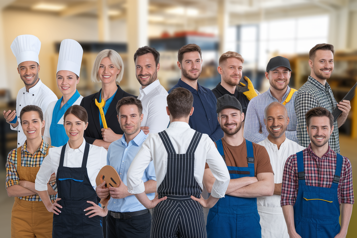 groupe-professionnels-dos-chef-artiste-mecanicien